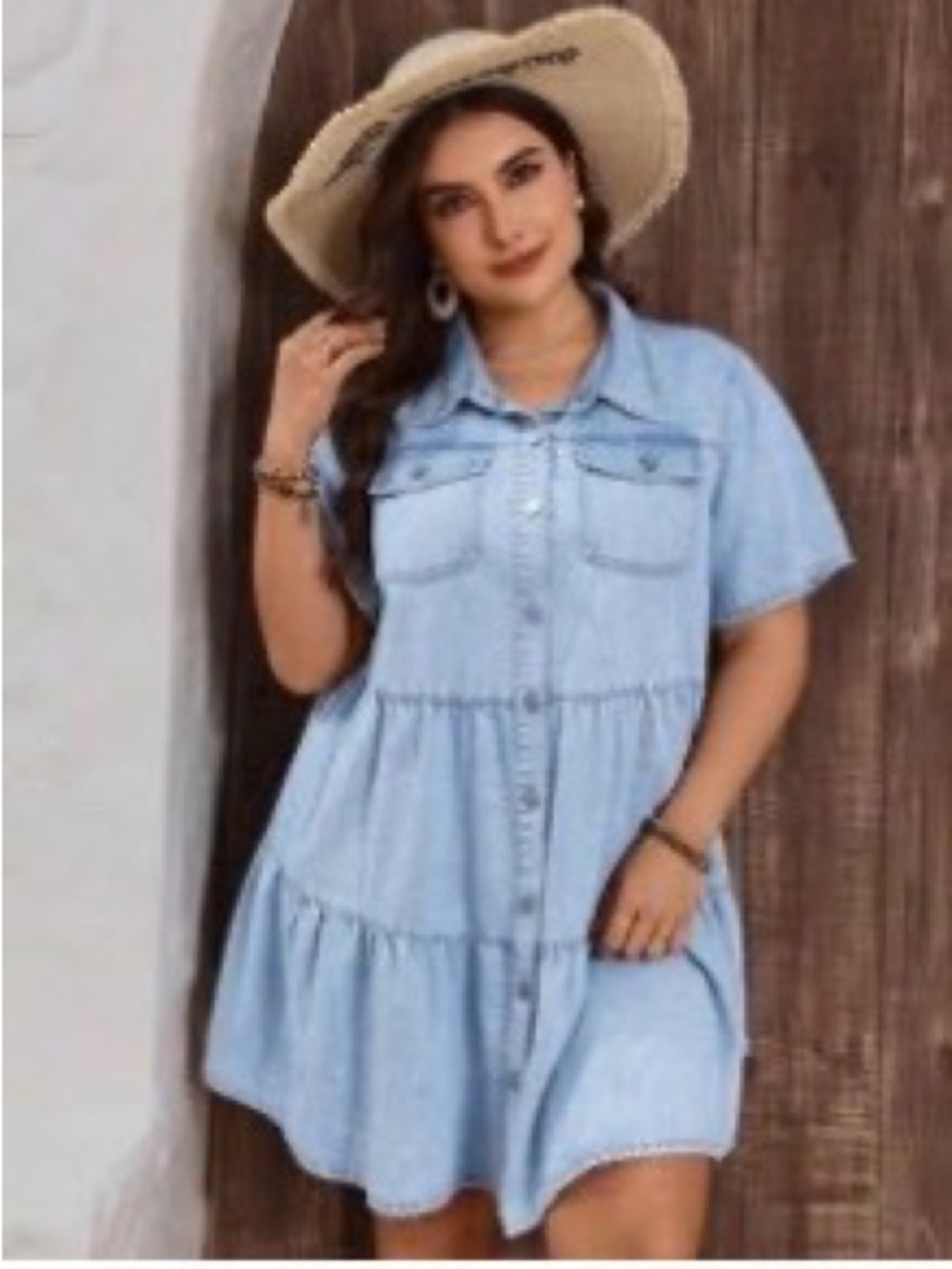 SHEIN Light Blue Denim Tiered Button-Front Mini Dress
